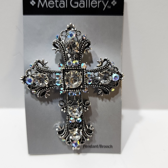 Metal Gallery Silver Tone Aurora Borealis Rhinestones Cross Brooch / Pen… - Picture 1 of 2